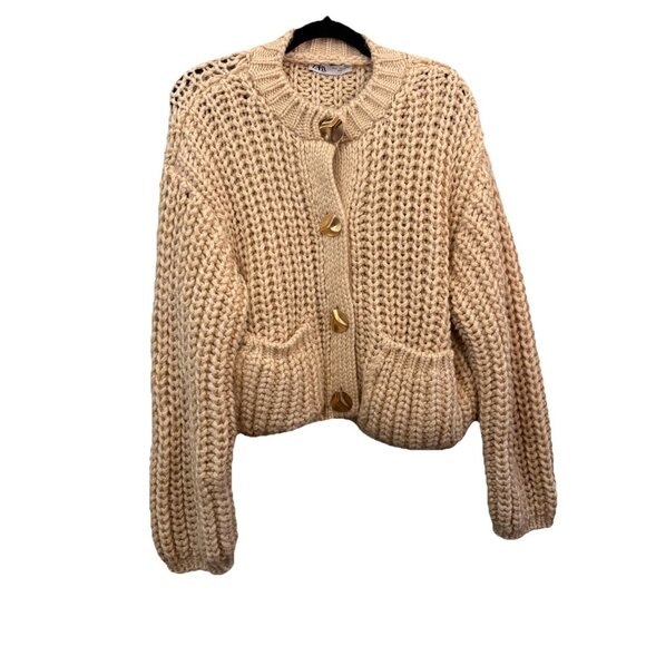 Zara Beige Chunky Knit Gold Button Cardigan Sweater Front Pockets Size Medium - Picture 1 of 8